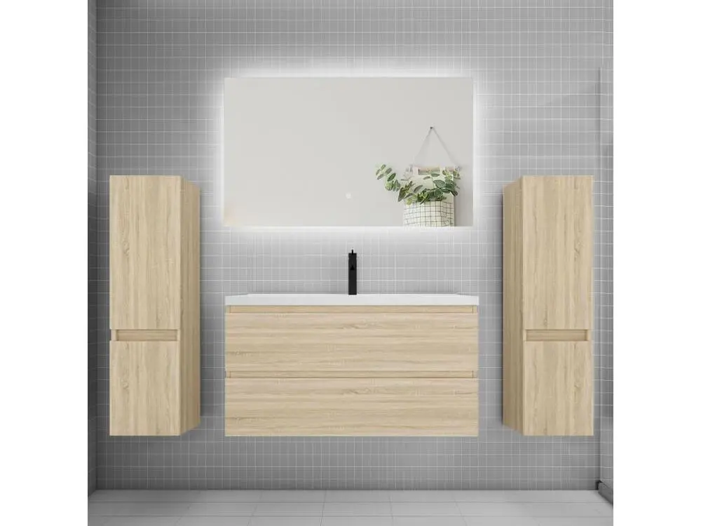 Robinet thermostatique Ensemble meuble vasque L.100cm 2 tiroirs + lavabo + colonne + miroir 100cm,chêne