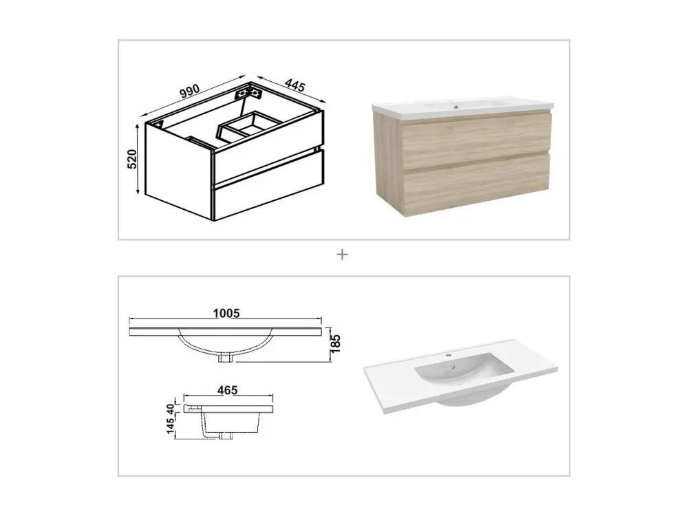 Robinet thermostatique Ensemble meuble vasque L.100cm 2 tiroirs + lavabo + colonne + miroir 100cm,chêne