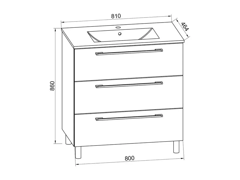 Schubo Meuble sous vasque avec lavabo 80 cm, 3 tiroirs, blanc.