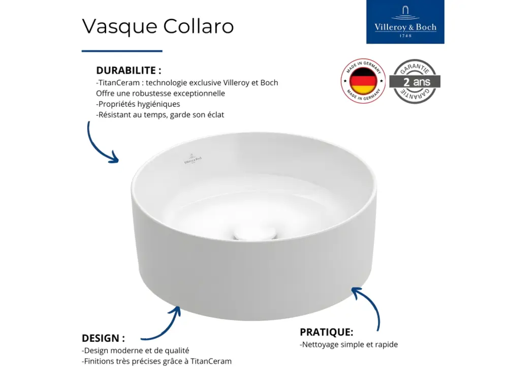 Vasque poser ronde VILLEROY ET BOCH Collaro Stone Blanc pur CeramicPlus