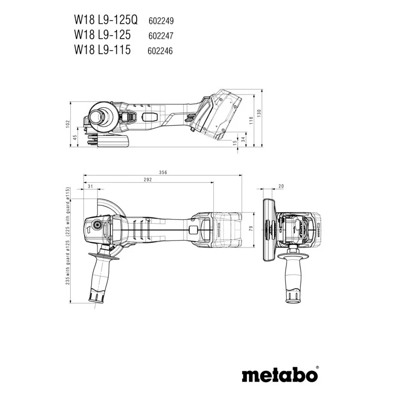 Meuleuse d’angle 18V W 18 L 9-125 Vif METABO 602249840 Serrage rapide - Avec metaBOX 165L (Produit seul)