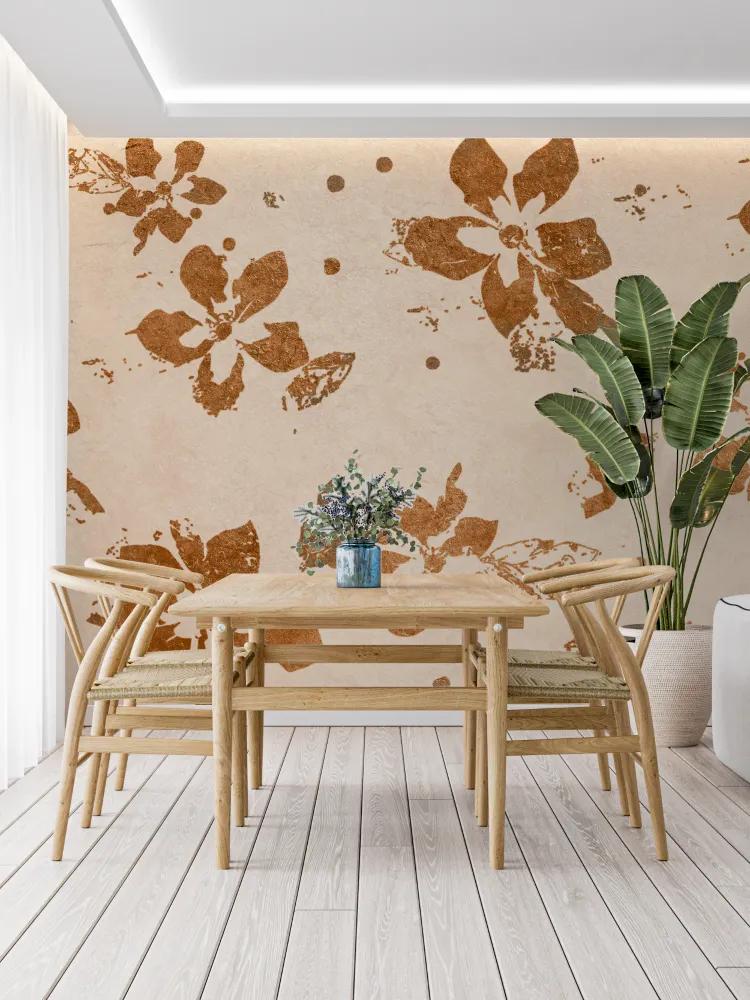 Papier Peint Mural Floral | Motif Floraison Brossée Terracotta