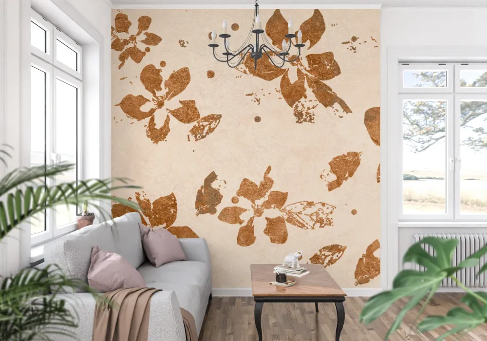 Papier Peint Mural Floral | Motif Floraison Brossée Terracotta