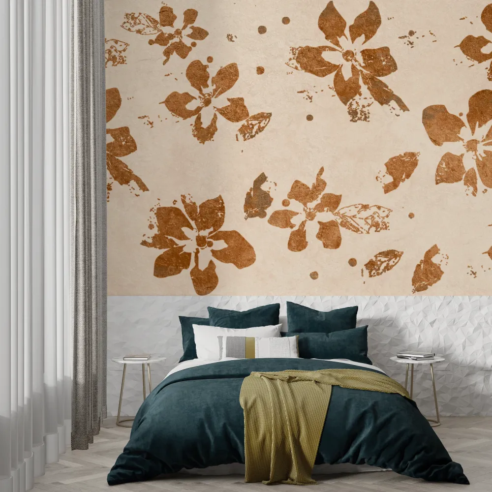 Papier Peint Mural Floral | Motif Floraison Brossée Terracotta
