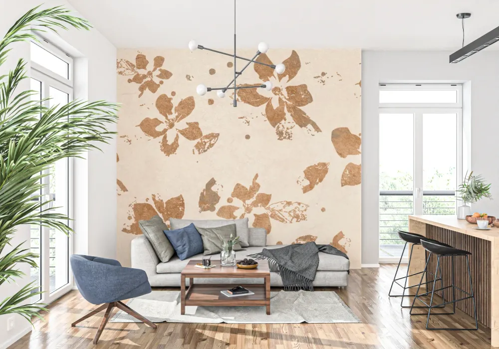 Papier Peint Mural Floral | Motif Floraison Brossée Terracotta