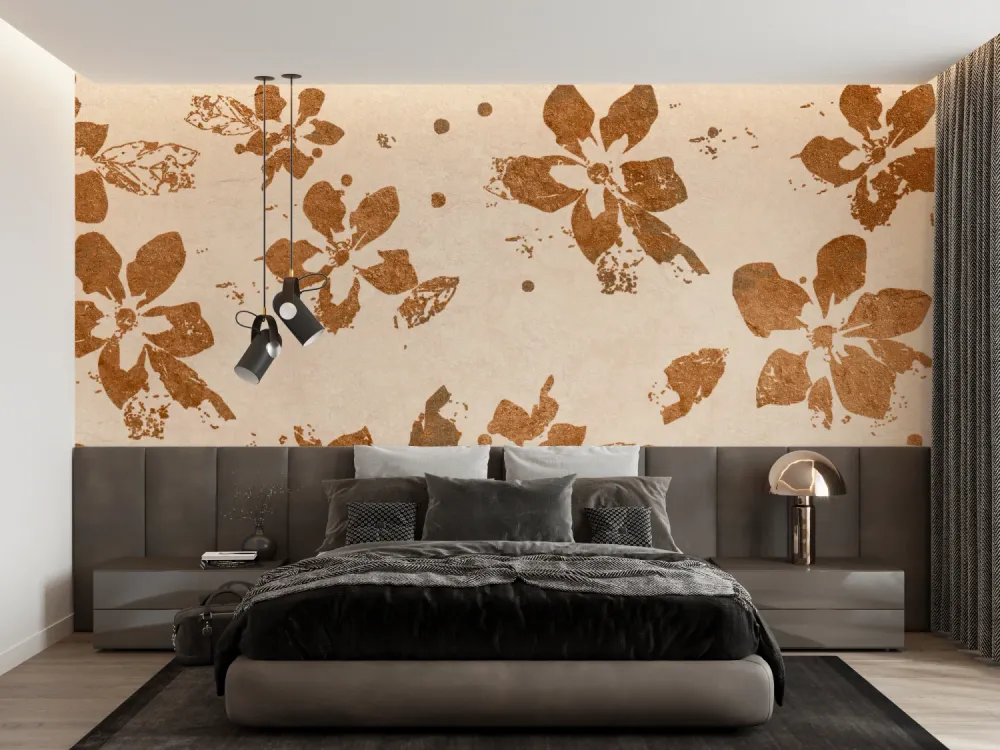 Papier Peint Mural Floral | Motif Floraison Brossée Terracotta