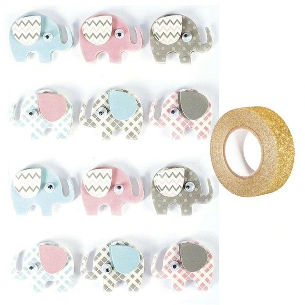 Colle pour papier peint 12 stickers 3d elephants 4,3 cm + masking tape doré à paillettes 5 m