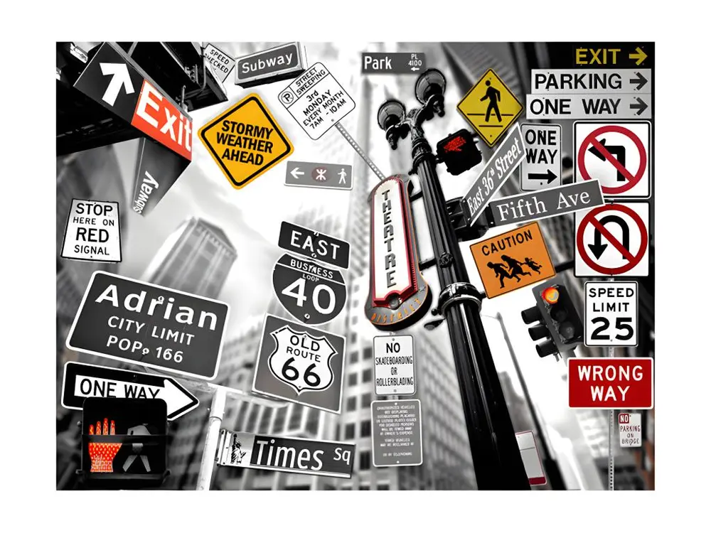 Couteau à enduire Papier peint intissé Street art Panneaux de signalisation à Neuf York (fond noir et blanc) : Taille - 30...