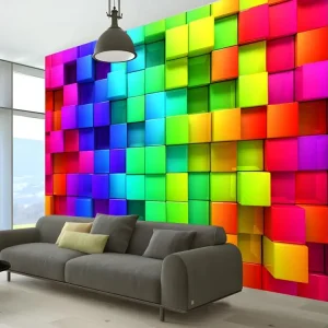Papier peint intissé 3D et Perspective Colourful Cubes : Taille - 300 x 210 cm Motif Rayures