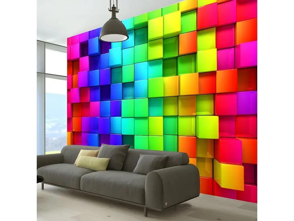 Papier peint intissé 3D et Perspective Colourful Cubes : Taille - 300 x 210 cm Motif Rayures