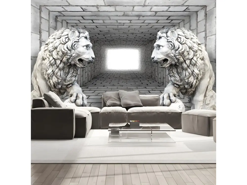 Papier peint intissé 3D et Perspective Lions de pierre : Taille - 100 x 70 cm pour découpe précise