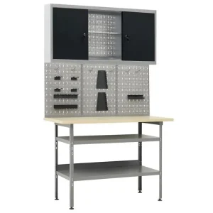 Papier peint vinyle Etabli 120 cm avec 3 panneaux muraux et 1 armoire atelier table de travail gris noir 02_0003659