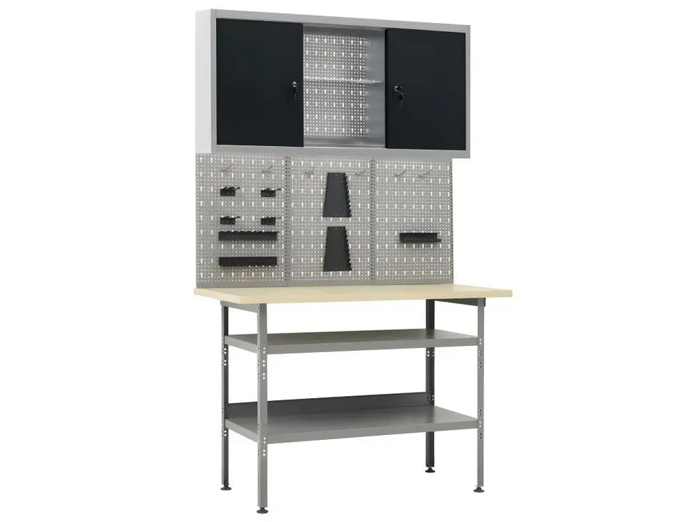Papier peint vinyle Etabli 120 cm avec 3 panneaux muraux et 1 armoire atelier table de travail gris noir 02_0003659