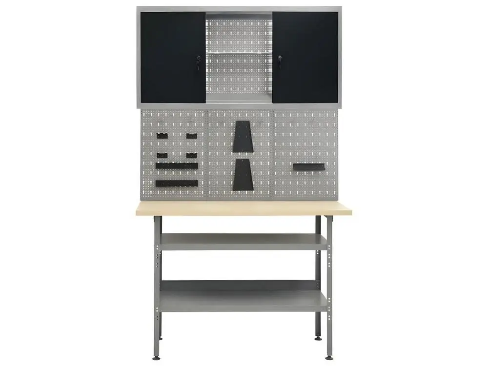 Papier peint vinyle Etabli 120 cm avec 3 panneaux muraux et 1 armoire atelier table de travail gris noir 02_0003659