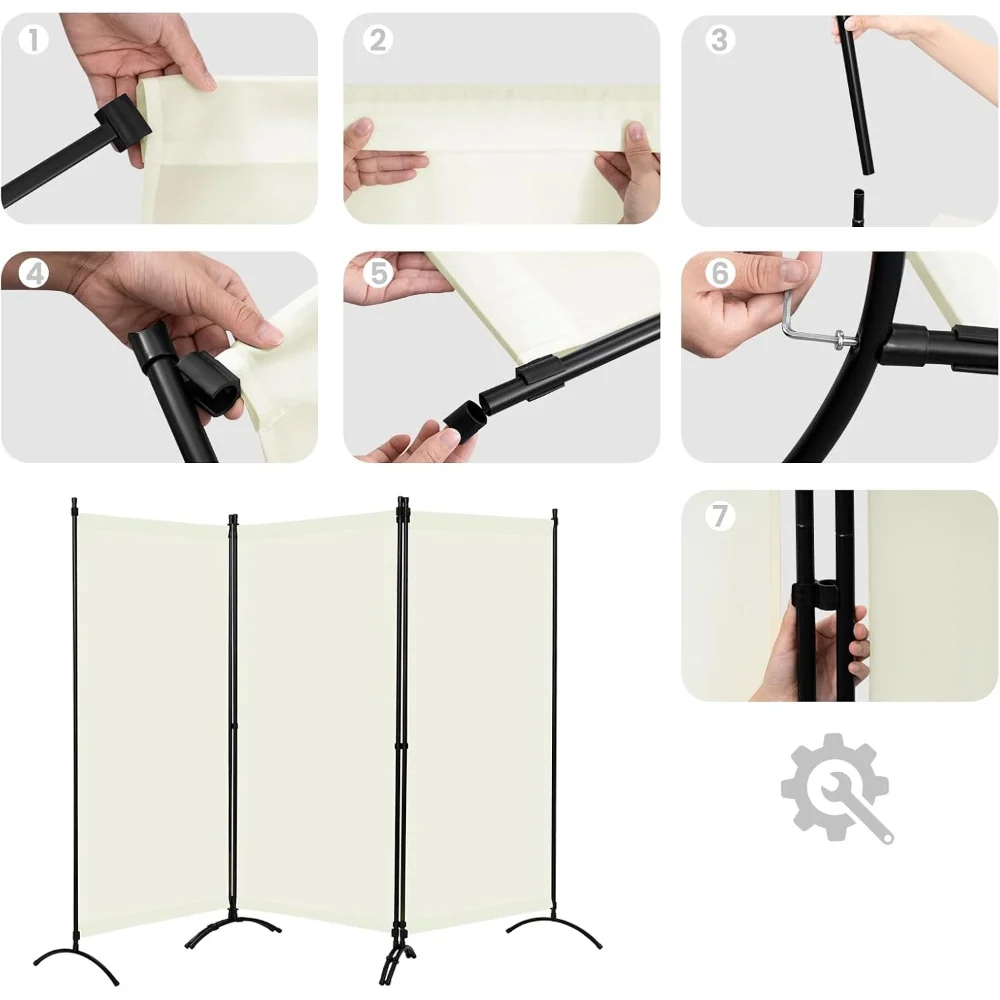 Règle à couper Paravent à Trois Panneaux Crème avec Structure en Métal Noir