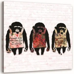 Tableau Banksy murale 3 singes texte - 50 x 50 cm