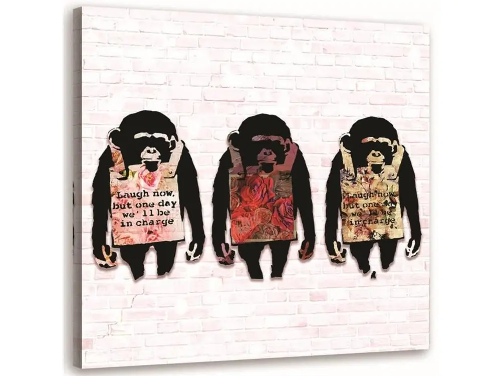 Tableau Banksy murale 3 singes texte - 50 x 50 cm