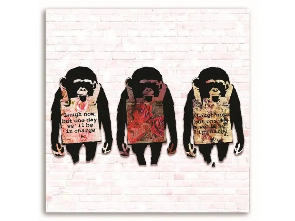 Tableau Banksy murale 3 singes texte - 50 x 50 cm