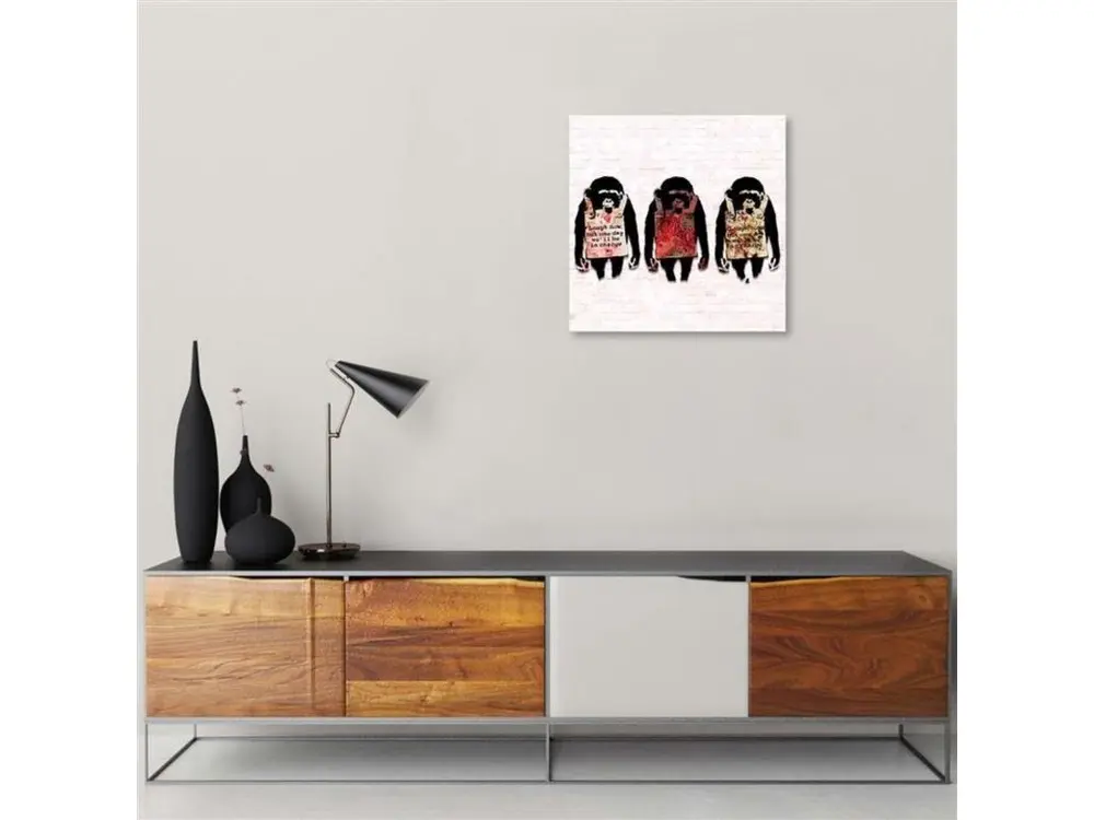 Tableau Banksy murale 3 singes texte - 50 x 50 cm