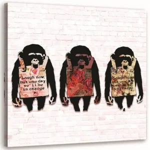 Tableau Banksy murale 3 singes texte - 40 x 40 cm