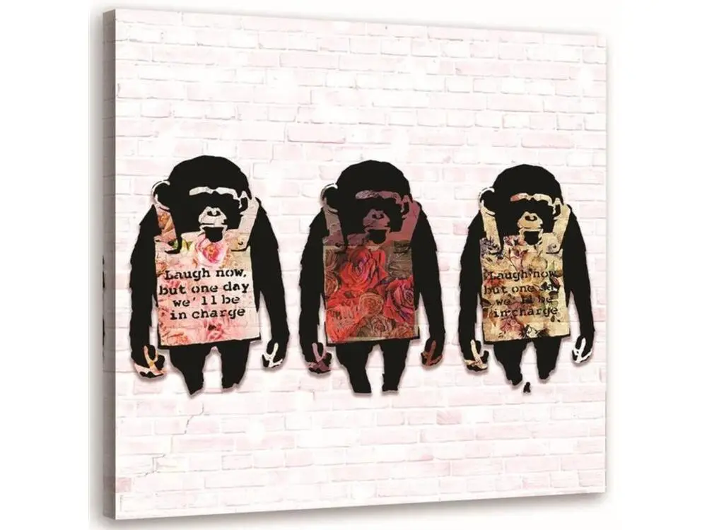 Tableau Banksy murale 3 singes texte - 40 x 40 cm