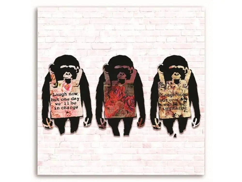 Tableau Banksy murale 3 singes texte - 40 x 40 cm