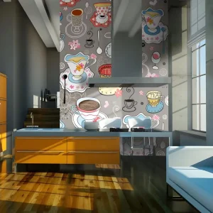 Certifié Écologique Papier peint intissé Motifs de cuisine Tasses : Taille - 400 x 309 cm