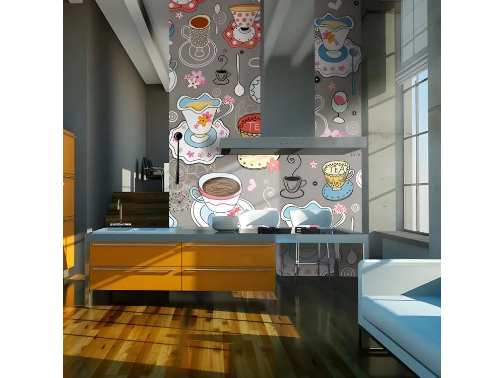 Certifié Écologique Papier peint intissé Motifs de cuisine Tasses : Taille - 400 x 309 cm