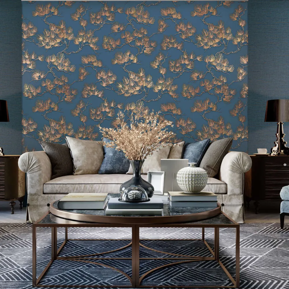 DUTCH WALLCOVERINGS Papier peint Motif avec pins Doré et bleu avec lame rotative