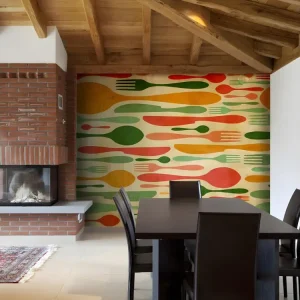 Papier peint intissé Motifs de cuisine Couverts en vert et orange : Taille - 400 x 309 cm avec lame rotative
