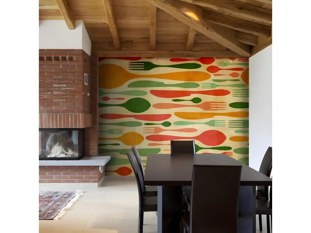 Papier peint intissé Motifs de cuisine Couverts en vert et orange : Taille - 400 x 309 cm avec lame rotative