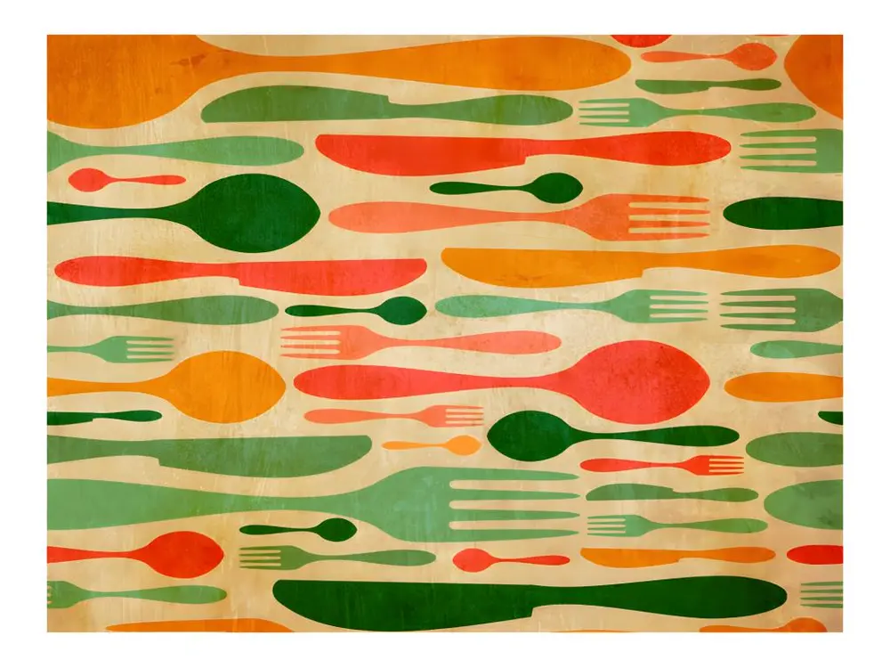 Papier peint intissé Motifs de cuisine Couverts en vert et orange : Taille - 400 x 309 cm avec lame rotative