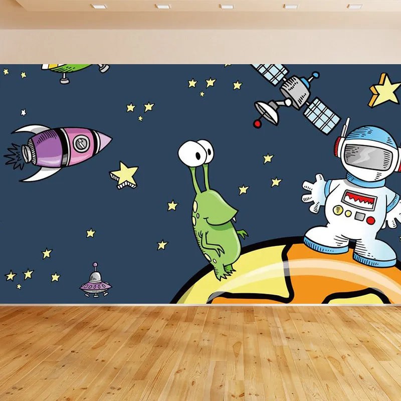 Papier peint mural de dessin animé sur l'espace, revêtement mural imprimé d'astronaute et d'érobateau bleu sombre