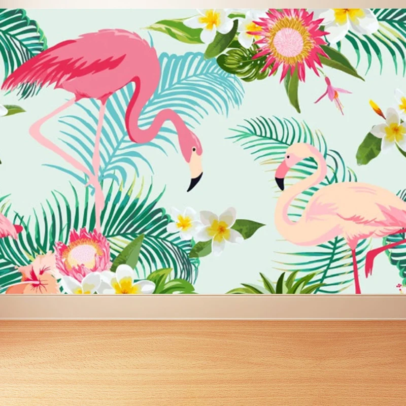 Papier peint mural flamants roses debout pour salle à manger, vert, taille personnalisée disponible lavable et résistant