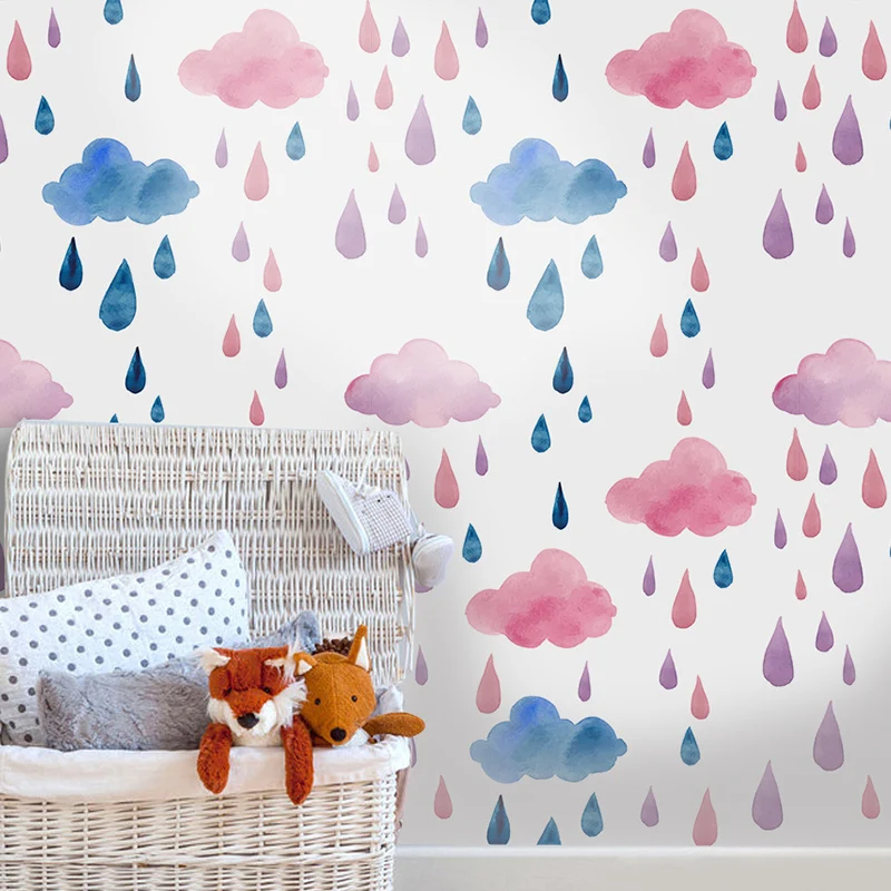 Premium Anti-Humidité Panneaux de papier peint motif nuages et gouttes de pluie, décoration murale pour chambre d'enfant,...
