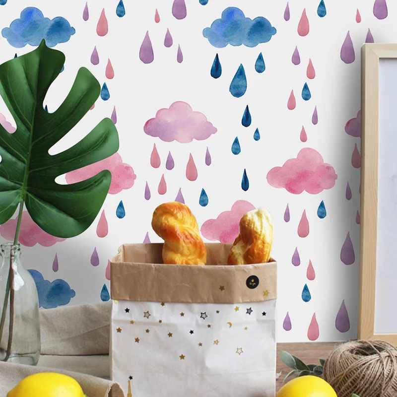 Premium Anti-Humidité Panneaux de papier peint motif nuages et gouttes de pluie, décoration murale pour chambre d'enfant,...