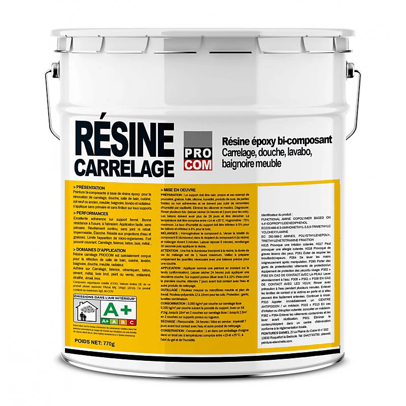 Peinture carrelage, résine époxy sol et mur carrelés, douche, lavabo, baignoire, meuble PROCOM-1kg-Blanc