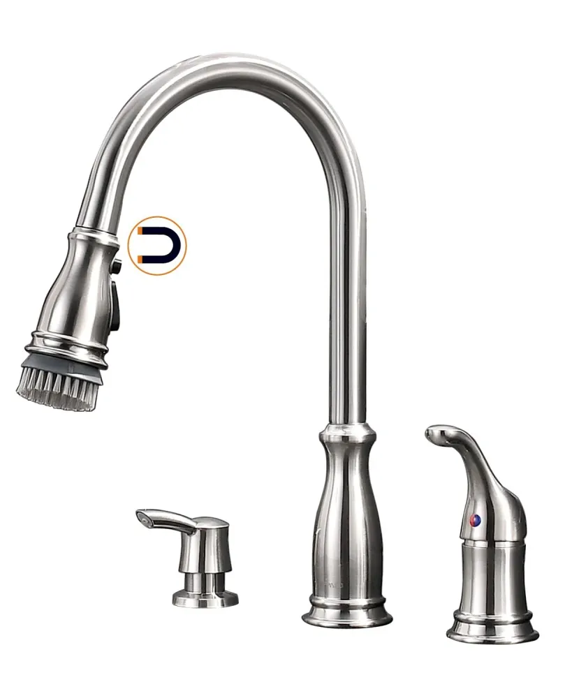 APPASO 229BN 3 Hole Pull Down Kitchen Faucet Satiné Nickel Soap Dispenser