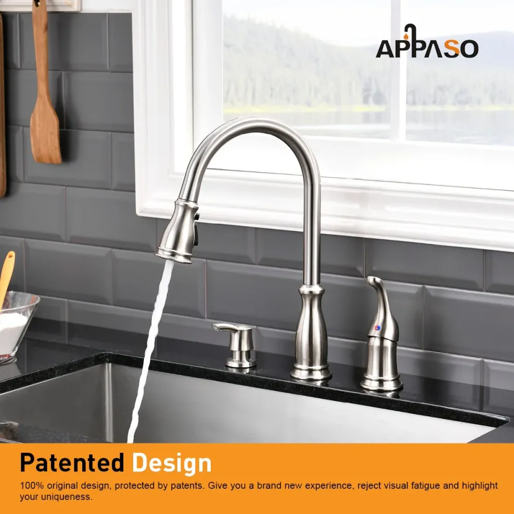 APPASO 229BN 3 Hole Pull Down Kitchen Faucet Satiné Nickel Soap Dispenser