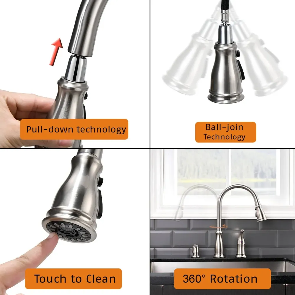 APPASO 229BN 3 Hole Pull Down Kitchen Faucet Satiné Nickel Soap Dispenser