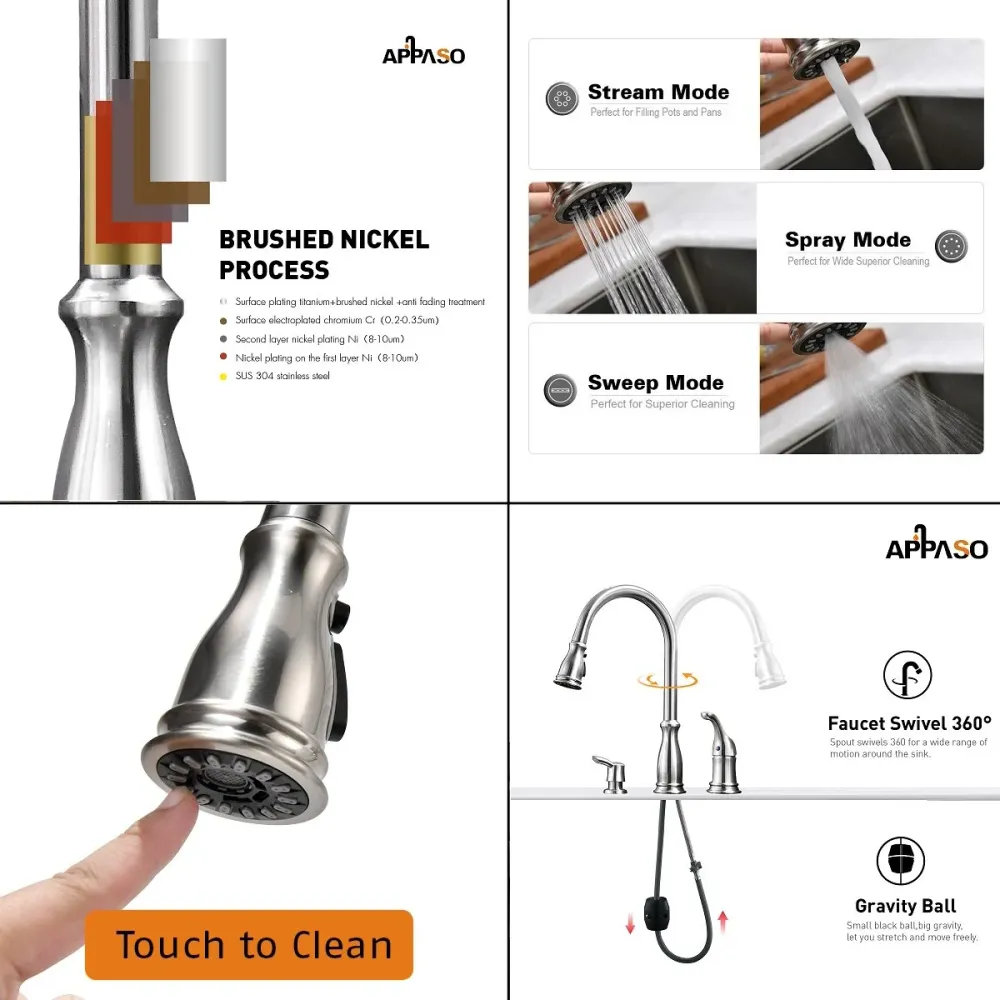 APPASO 229BN 3 Hole Pull Down Kitchen Faucet Satiné Nickel Soap Dispenser