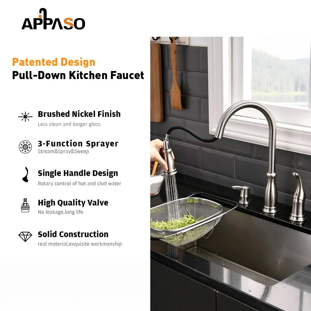 APPASO 229BN 3 Hole Pull Down Kitchen Faucet Satiné Nickel Soap Dispenser
