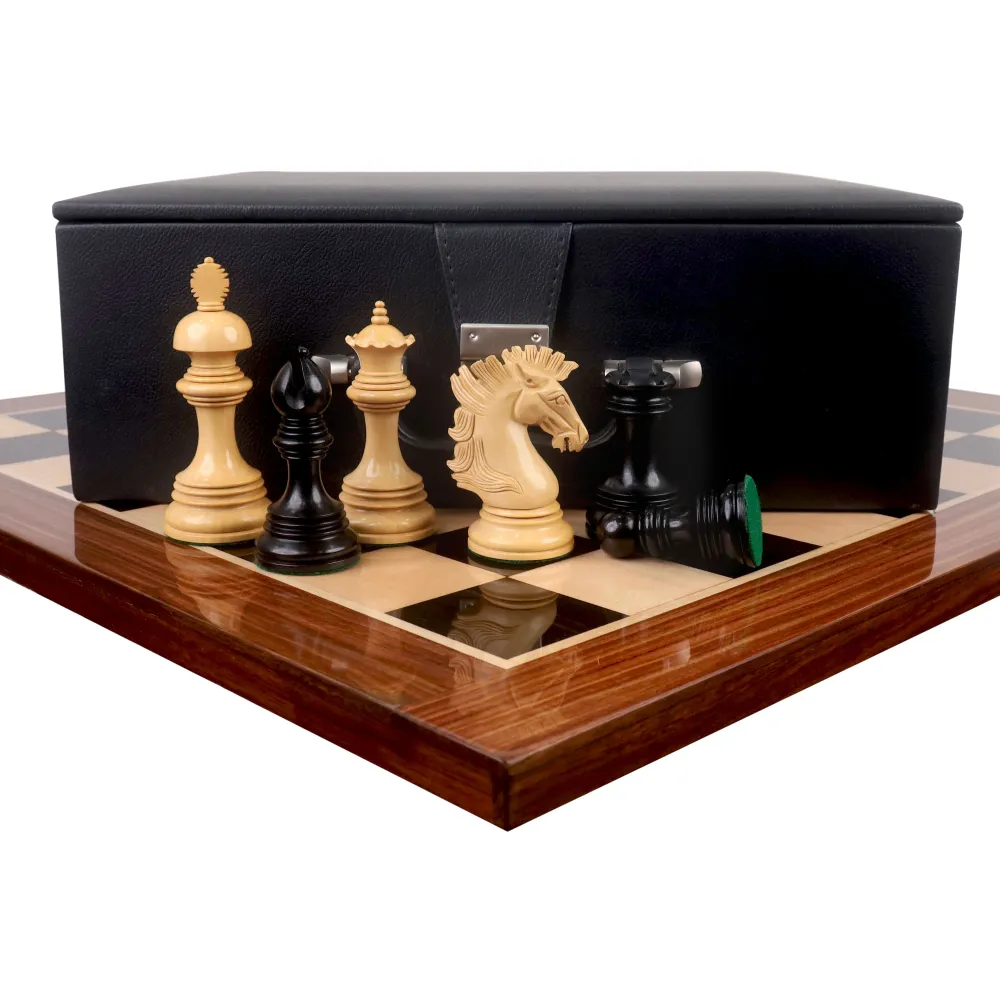 Alexandria Raffiné Staunton - Pièces d'échecs en bois d'ébène à trois poids avec un échiquier en bois d'ébène et d'érable...
