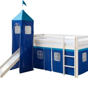 Lit mezzanine 90x200cm avec échelle toboggan en bois blanc et toile bleu incluse LIT06152