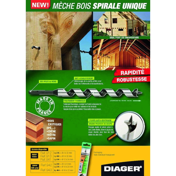 Mèche à bois spiralée attachement hexagonal 18x235mm ref.912 - DIAGER