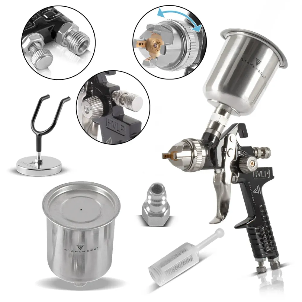 Certifié CE Steelworks HVLP PEINTURE PISTOL SG-600 ST avec une buse de 1,4 mm et 600 ml de tasses à flux, porte-pistolet d...