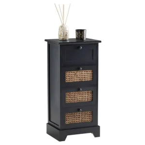 Chiffonnier JASMIN petite commode avec 4 tiroirs, style nostalgique bohême, en bois de paulownia lasuré noir et rotin