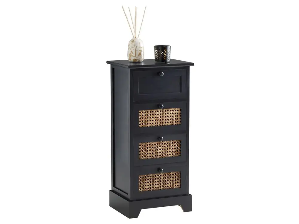 Chiffonnier JASMIN petite commode avec 4 tiroirs, style nostalgique bohême, en bois de paulownia lasuré noir et rotin
