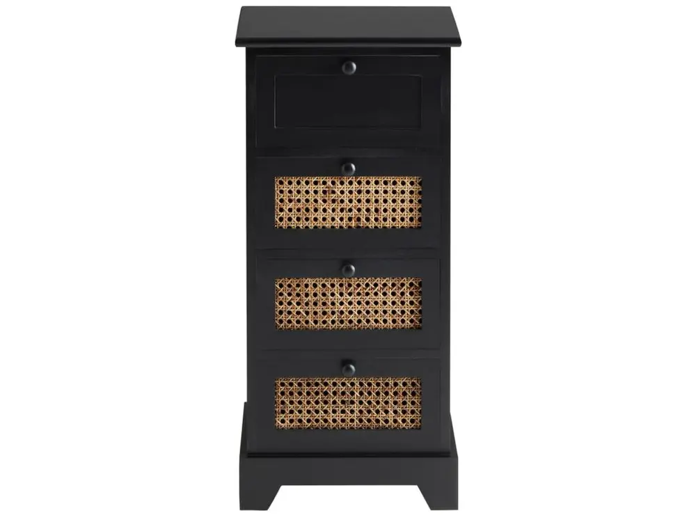 Chiffonnier JASMIN petite commode avec 4 tiroirs, style nostalgique bohême, en bois de paulownia lasuré noir et rotin