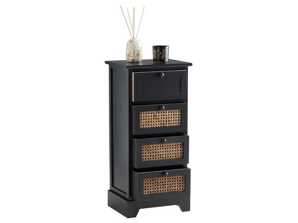 Chiffonnier JASMIN petite commode avec 4 tiroirs, style nostalgique bohême, en bois de paulownia lasuré noir et rotin